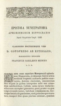 Epistola nuncupatoria. Aphorismorum Hippocratis
