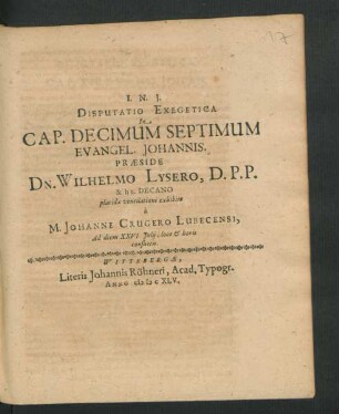 Disputatio Exegetica In Cap. Decimum Septimum Evangel. Johannis