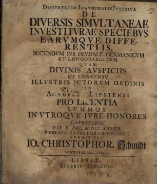 De diversis simultaneae investiturae speciebus earumque differentiis secundum ius feudale Germanicum et Longobardicum