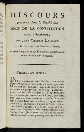 Discours prononcé dans la Société des Amis De La Constitution séante à Strasbourg : le 7 Février 1792, quatrième de la liberté