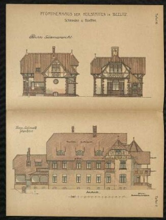 Oben: Pförtnerhaus der Heilstätten in Beelitz. Rechte Seitenansicht / Unten: Haus Calmuth. Jägerhaus
