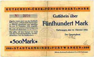 Geldschein / Notgeld, 500 Mark, 12.10.1922