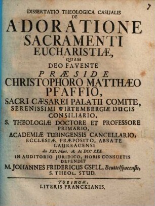 Diss. theol. casual. de adoratione sacramenti eucharistiae