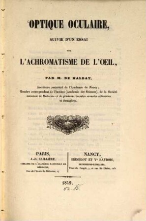 Optique oculaire suivie d'un essai sur l'achromatisme de l'oeil