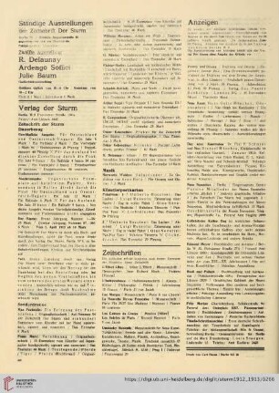 Ständige Ausstellungen / Zwölfte Ausstellung R. Delaunay Ardengo Soffici Julie Baum / Verlag der Sturm / Zeitschriften / Anzeigen