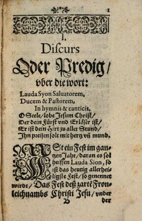 Zwaintzig Discurs Predigen, Vber den vralte[n] Sequentz D. Thomae Aquinatis, von dem Allerheiligsten vnd Hochwürdigsten Sacrament deß Altars, nie in Truck außgangen