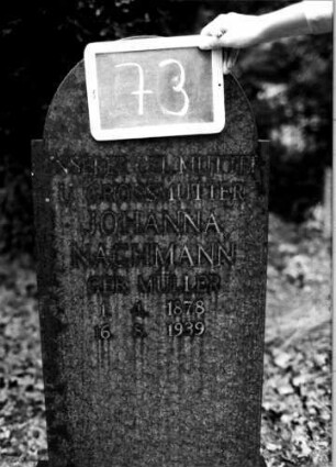 Grabstein 73 (Index: 100110305) Material: Granit Zustand: gut Maße HxBxT: 120x46x13 cm Beschreibung: Stele, Sockel, eingezogener Rundbogenabschluß: Grabstein 73 (Detailaufnahme)