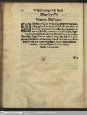 Propheceyung, vom Endt deß Türckischen Reichs. Uberschrifft, Folgender Weissagung
