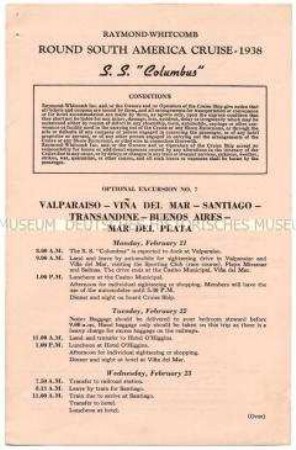 Ausflugsprogramm von der Südamerika-Rundreise auf der "Columbus" für eine zusätzliche Exkursion durch Chile und Argentinien (englisch) - Nachlass