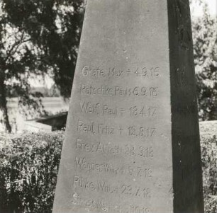 Denkmal für die Gefallenen des ersten Weltkrieges : Denkmal für die Gefallenen des ersten Weltkrieges (Sandstein, nach 1918). Detail: Namensliste. Dresden-Söbrigen, Elbweg