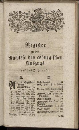 Register zu der Nachlese des coburgischen Auszugs auf das Jahr 1760.