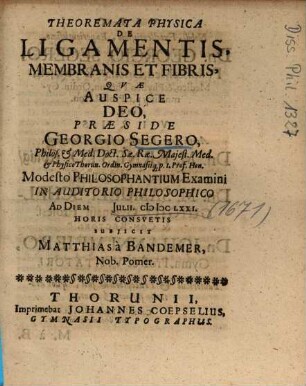 Theoremata Physica De Ligamentis, Membranis Et Fibris