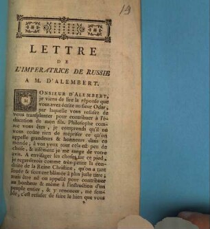 Lettre de l'impératrice de Russie à M. d'Alembert