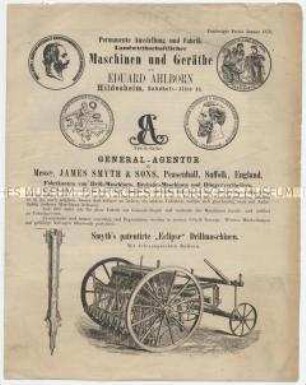 Permanente Ausstellung und Fabrik Landwirthschaftlicher Maschinen und Geräte von EDUARD Ahlborn Hildesheim, Bahnhofs-Allee 14.
