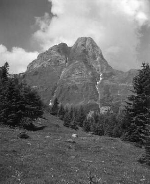 Kärnten. Karnische Alpen. Grenzgipfel Cellon (2226 m) über der Plöckenstraße. Links der Plöckenpaß (1360 m)