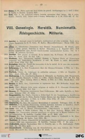 VIII. Genealogie. Heraldik. Numismatik. Adelsgeschichte. Militaria (Nr. 1052-1199)
