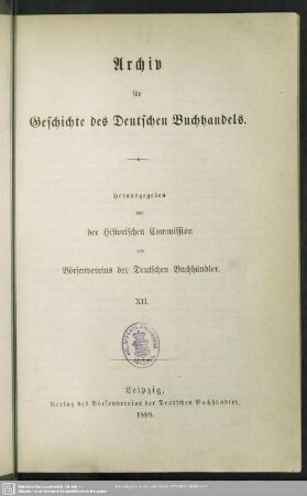 12.1889: Archiv für Geschichte des deutschen Buchhandels