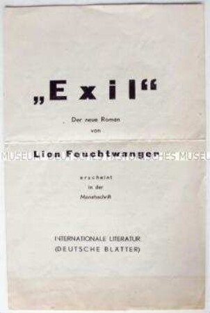 Werbeprospekt aus der Exil-Zeitschrift "Internationale Literatur (Deutsche Blätter)" für Feuchtwangers Roman "Exil"