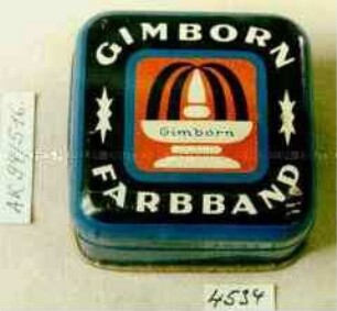 Blechdose für Schreibmaschinenfarbband "GIMBORN FARBBAND Fimbron" (Abbildung eines stilisierten Springbrunnens)