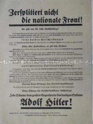 Propagandaflugblatt: Aufruf zur Wahl Adolf Hitlers zum Reichspräsidenten im 1. Wahlgang 1932