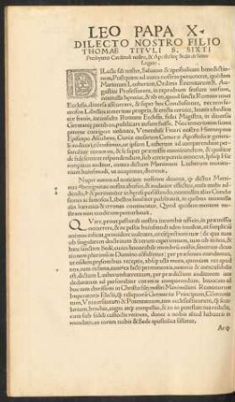 Leo Papa X Dilecto Nostro Filio Thomae Tituli S. Sixti Presbytero Cardinali nostro ...