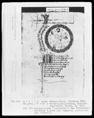 Heinrich von Laufenberg, Regimen sanitatis, deutsch — Planetenbild des Merkur mit Geldsack und Buch, Folio 47verso