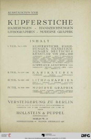 Nr. 23: Kunstauktion / Hollstein & Puppel, Kunstantiquariat: Kupferstiche, Radierungen, Handzeichnungen, Lithographien, Moderne Graphik : Versteigerung 27. - 29. Nov. 1922