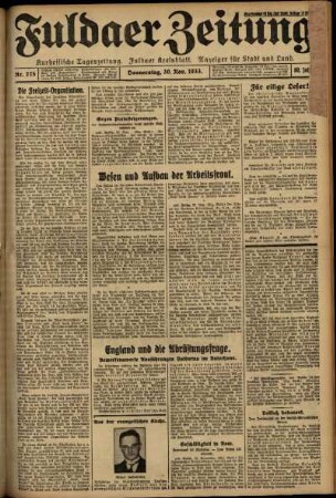 Erste Ausgabe vom Donnerstag, den 30. November 1933.