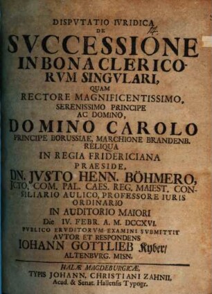 Disp. iur. de successione in bona clericorum singulari