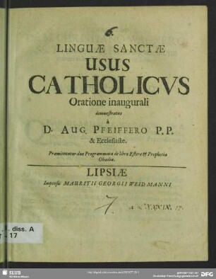 Linguae Sanctae Usus Catholicvs Oratione inaugurali demonstratus