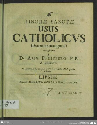 Linguae Sanctae Usus Catholicvs Oratione inaugurali demonstratus