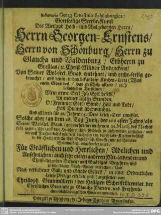 Euthanasia Georg-Ernestino-Schönburgica: Gottseelige Sterbe-Kunst des ... Georgen Ernstens, Herrn von Schönburg ...