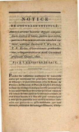 Notice de l'ouvrage intitulé: Abdollatiphi historiae Aegypti compendium, arabice et latine Oxonii, 1800