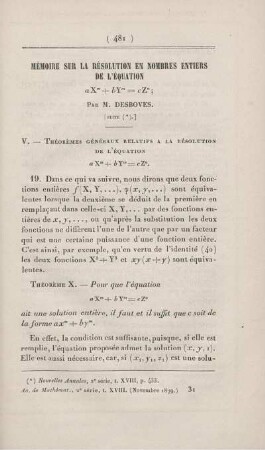 Mémoire sur la résolution en nombres entiers de l'équation ... [Fortsetzung]