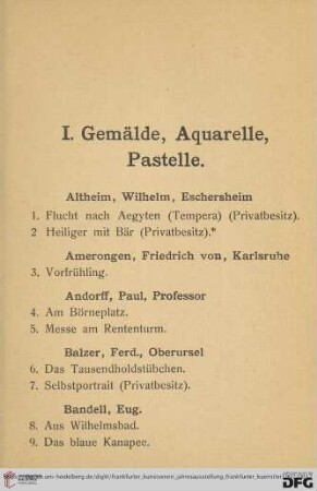 I. Gemäde, Aquarelle, Pastelle (Nr. 1-125)