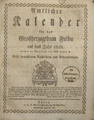 1848: Amtlicher Kalender für das Großherzogthum Fulda