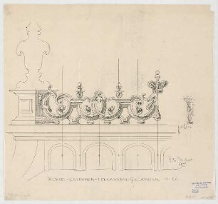 Thiersch, Friedrich von; München; Justizpalast - Kuppel - Laternen - Terrassen - Geländer (Ansicht, Schnitt, Detail)