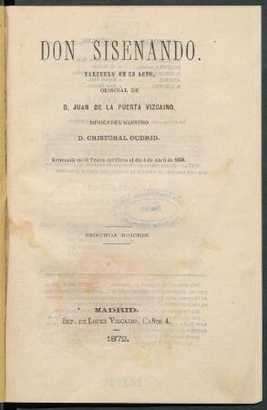 Don Sisenando : zarzuela en un acto, original de D. Juan de la Puerta Vizcaino