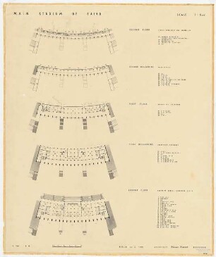 Sportfield Kairo Main Stadium: Ground Floor, First Mezzanine, First Floor, Second Mezzanine, Second Floor, 5 Grundrisse 1:100