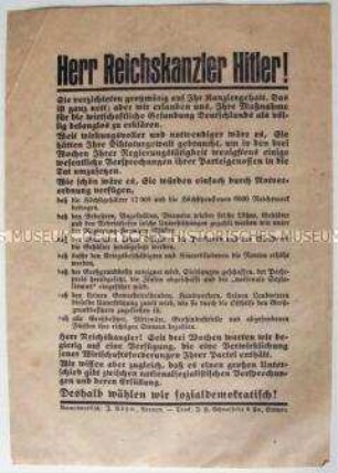 Sozialdemokratisches Flugblatt gegen Hitler zur Reichstagswahl im März 1933
