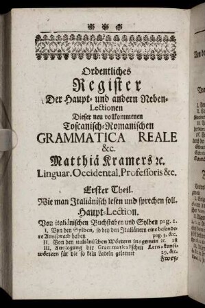 Ordentliches Register Der Haupt- und anderen Neben-Lectionen