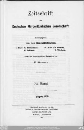 Bd. 70 (1916): Zeitschrift der Deutschen Morgenländischen Gesellschaft : ZDMG