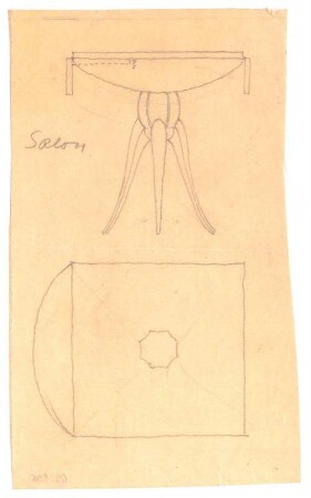 Entwurf eines Tischs : Seiten- und Draufsicht eines quadratischenTischs mit einem Standfuß, an zwei Seiten ausklappbare Elemente; handschriftliche Anmerkung