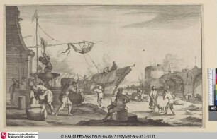 [Eine Hafenszene mit einem Brunnen links; A Harbourscene with left a fountain]