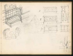 Perspektivische Ansicht; Stuck Ornamente; Balkon: Perspektivische Ansicht, Details (aus: Skizzenbuch Walter Hentschel)
