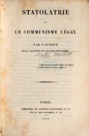 Statolatrie ou le communisme légal