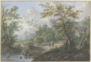 Hütte in einem Wald mit Staffage