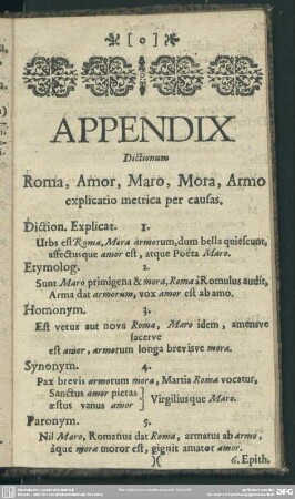 Appendix Dictionum Roma, Amor, Maro, Mora, Armo explicatio metrica per causas