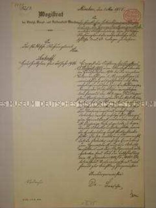Kopie eines handschriftlichen Schreibens des Magistrats von München an die Stadthauptkasse
