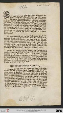 Es ist zwar von dem Chur-Pfälzischen Ehegericht allschon unterm 18. Juny 1745 ein ... Generale in Druck ausgelassen ... Als hat das Chur-Pfälzische Ehegericht für nöthig erachtet, mehrermeldte General Verordnung ... zu erneuern ... wie folget, im Druck ausgehen zu lassen: Ehegerichtliche General Verordnung ... : Heidelberg, den 18. Sept. 1772